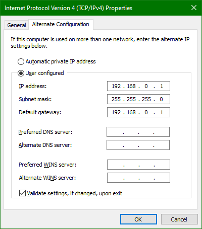 Windows 10 configuration dialog for ethernet adapter showing the Alternate Configuration for IPv4.