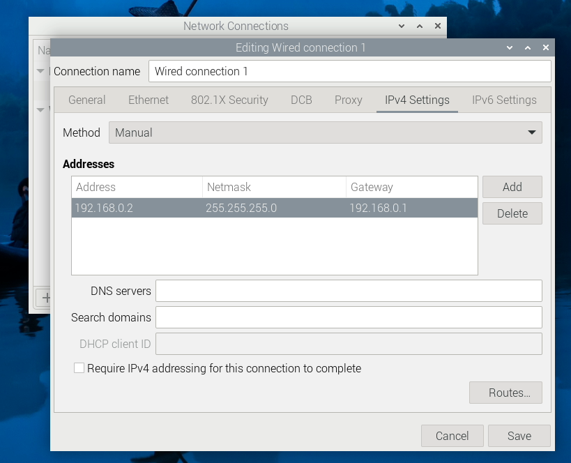 Raspberry Pi OS networking configuration utility showing the wired connection settings, with a manual address set.