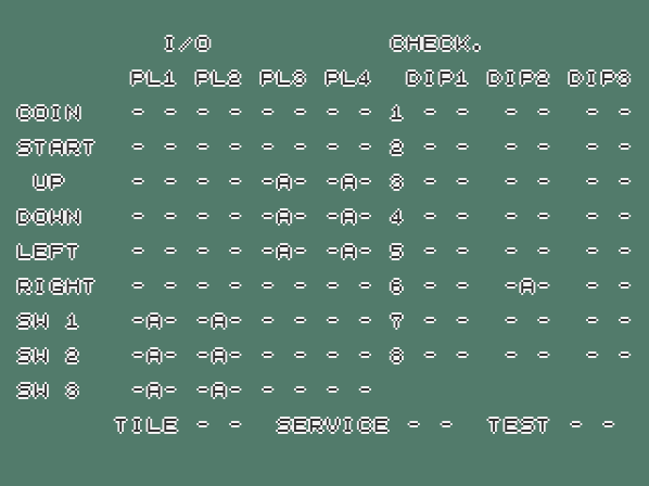 Screenshot of Tao Taido's service mode I/O Check program, with all buttons in the 6-button version pressed simultaneously. "Screenshot of Tao Taido's service mode I/O Check program, with all buttons in the 6-button version pressed simultaneously."